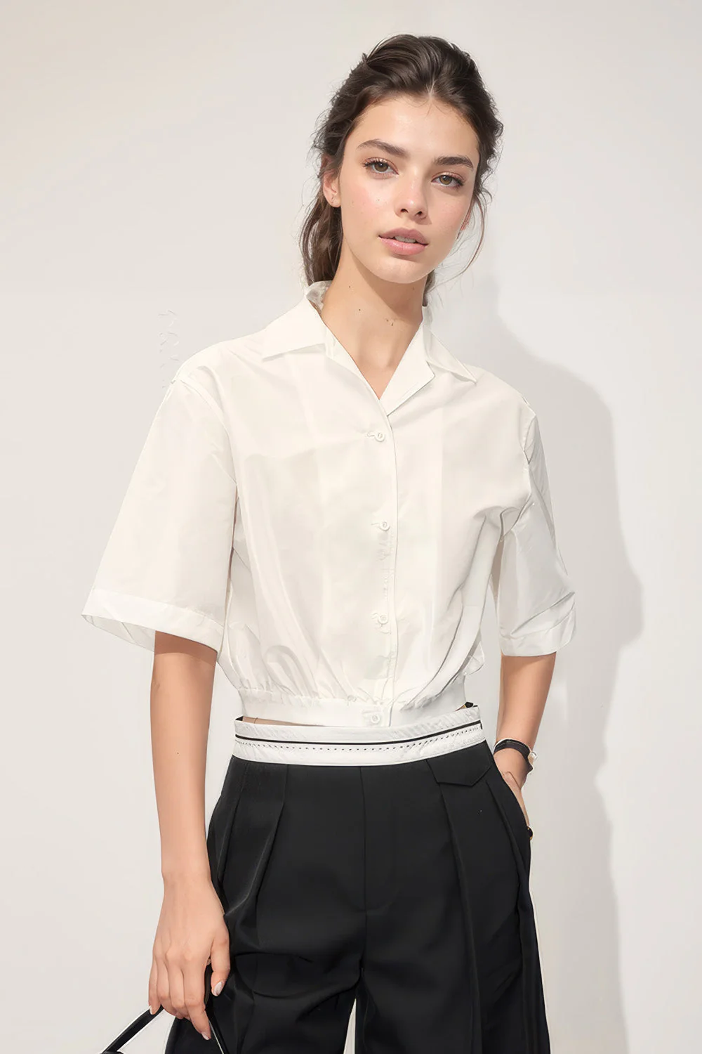 Short Sleeve Shirt with Elastic Hem - White - Image 2
