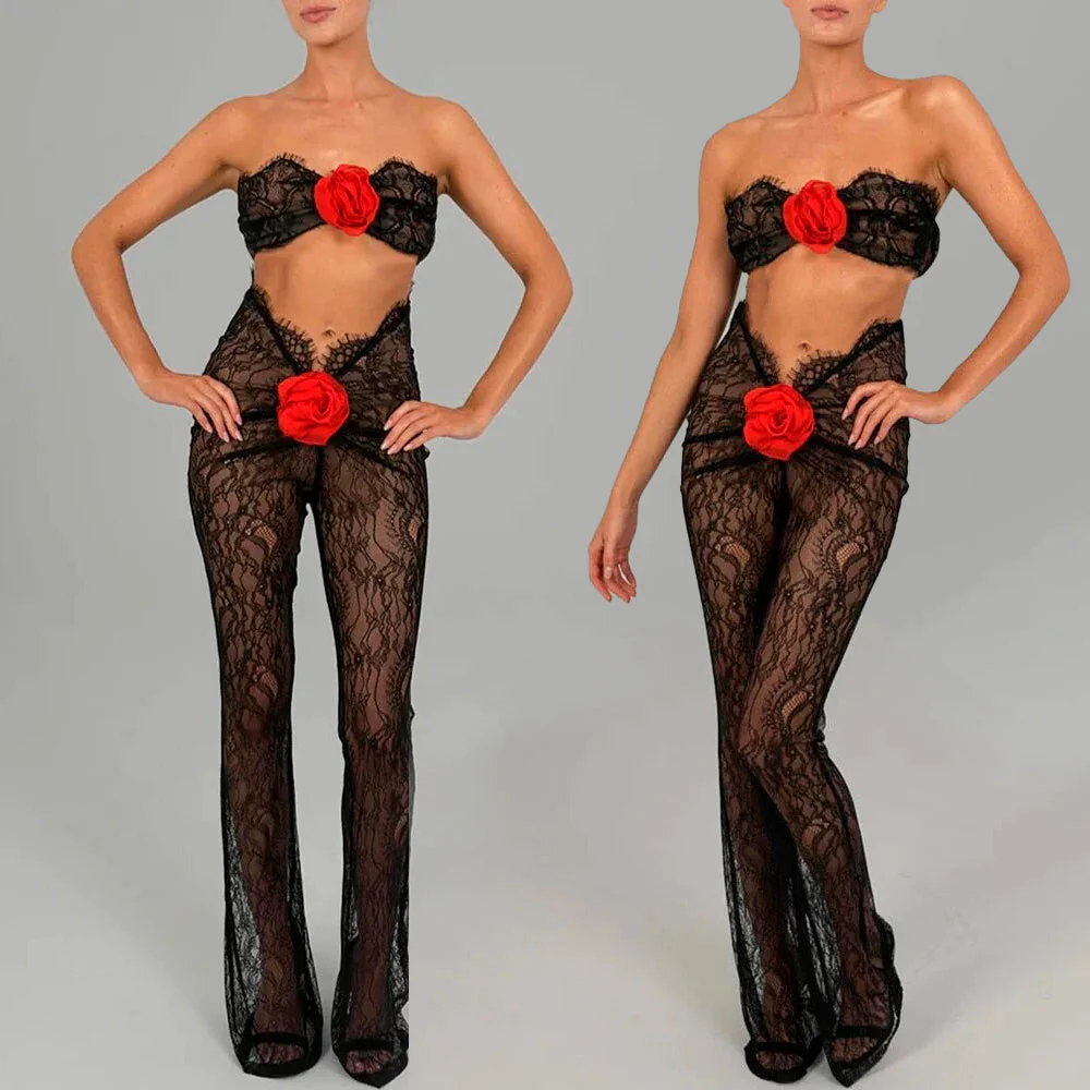 AMMEL CUT Out Lace JUMPSUIT with RED ROSE BOWS - Image 4
