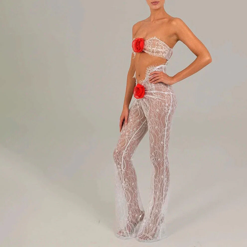 AMMEL CUT Out Lace JUMPSUIT with RED ROSE BOWS - Image 7