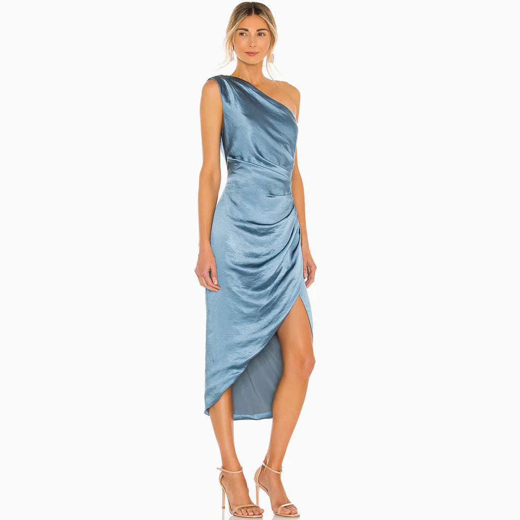 Silky High Slit Ruched One Shoulder Satin Cocktail Midi Dress - Blue - Image 2