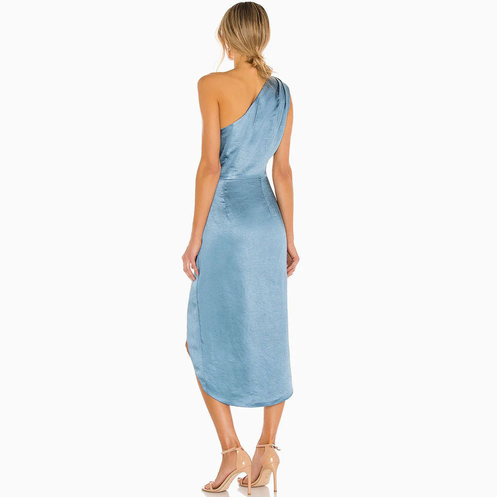 Silky High Slit Ruched One Shoulder Satin Cocktail Midi Dress - Blue - Image 3