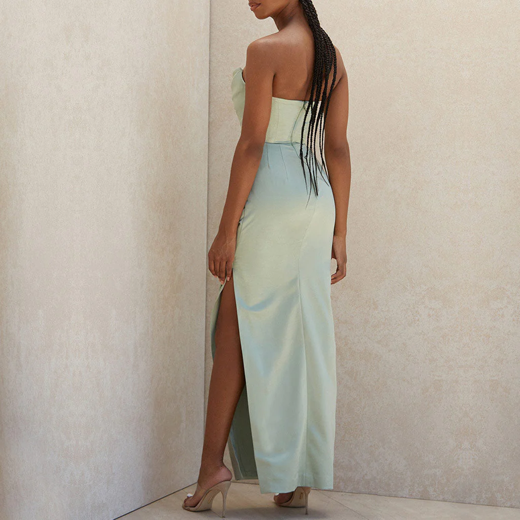 Silky Satin High Slit Ruched Strapless Party Maxi Dress - Sage Green - Image 3