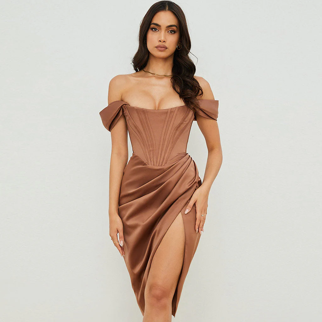 Silky Satin Off Shoulder High Slit Drape Corset Midi Dress - Coffee - Image 3