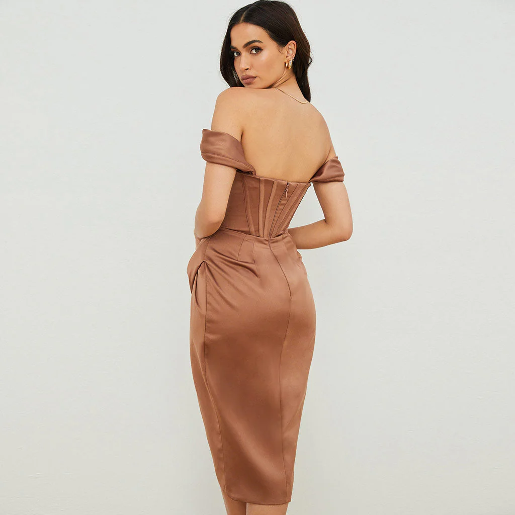 Silky Satin Off Shoulder High Slit Drape Corset Midi Dress - Coffee - Image 4