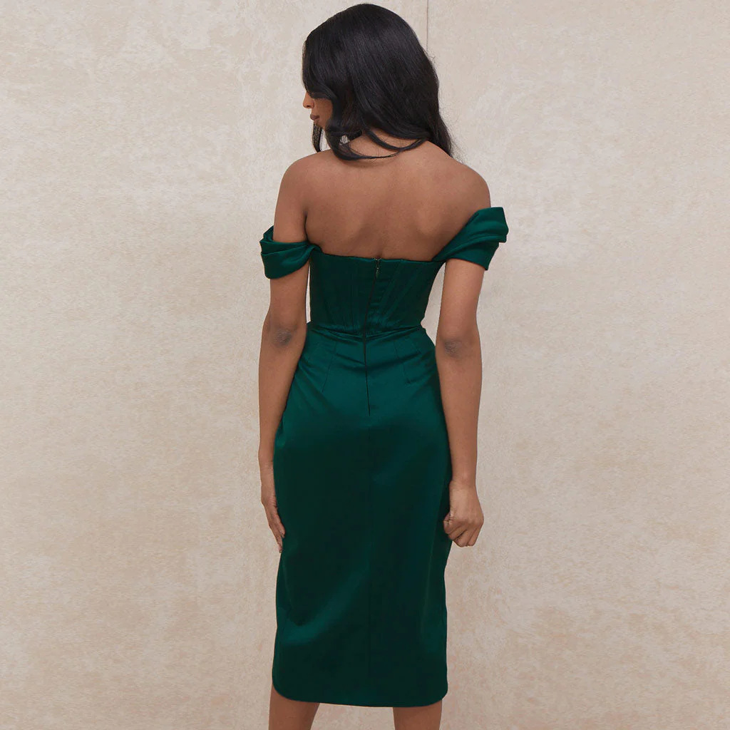 Silky Satin Off Shoulder High Slit Drape Corset Midi Dress - Emerald Green - Image 4