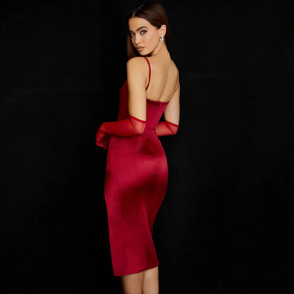 Silky Satin Square Neck High Slit Cocktail Party Midi Dress - Burgundy - Image 4