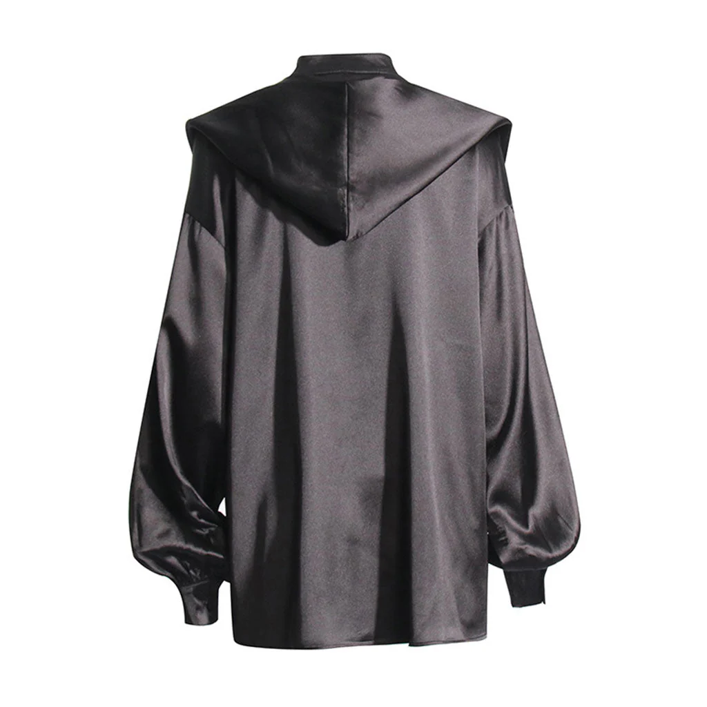 Silky Stand Collar Tie Neck Hooded Lantern Sleeve Oversized Satin Shirt - Image 2