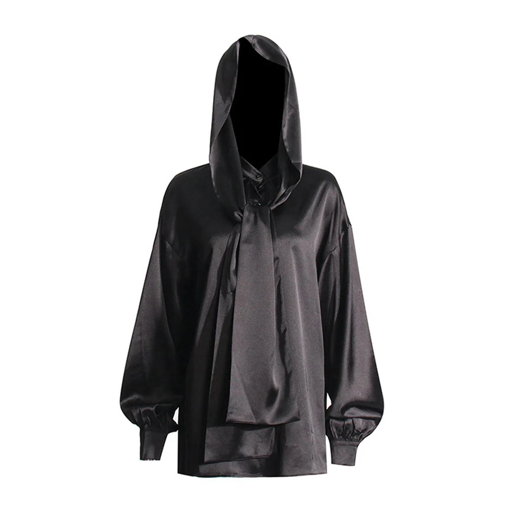 Silky Stand Collar Tie Neck Hooded Lantern Sleeve Oversized Satin Shirt - Image 3
