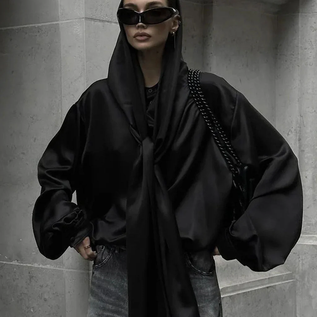 Silky Stand Collar Tie Neck Hooded Lantern Sleeve Oversized Satin Shirt - Image 5