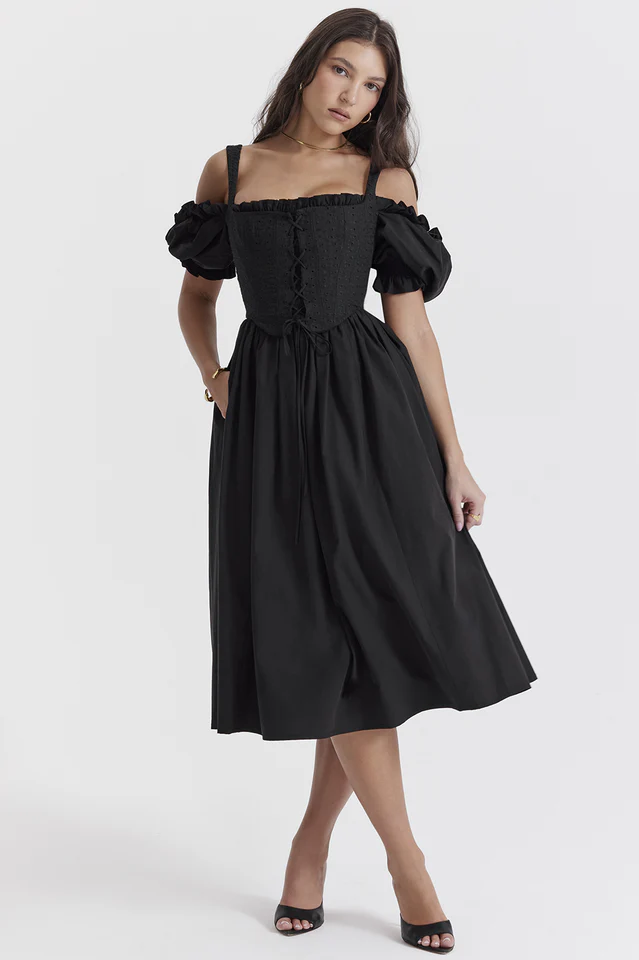 Silvana Black Puff Sleeve Midi Sundress - Image 2