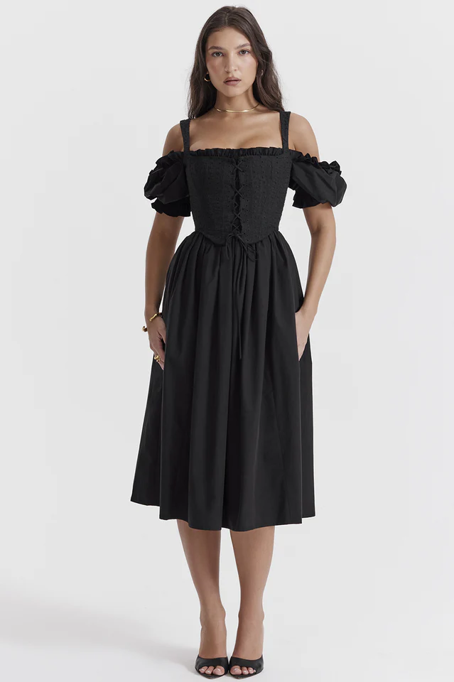 Silvana Black Puff Sleeve Midi Sundress - Image 3