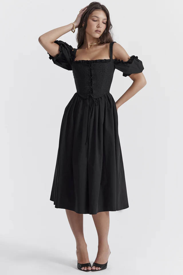 Silvana Black Puff Sleeve Midi Sundress - Image 4