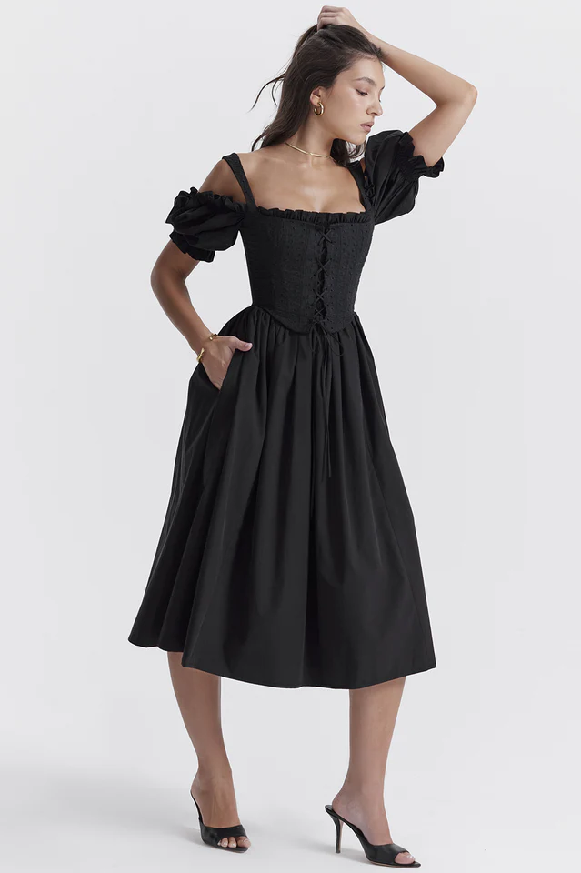 Silvana Black Puff Sleeve Midi Sundress - Image 5
