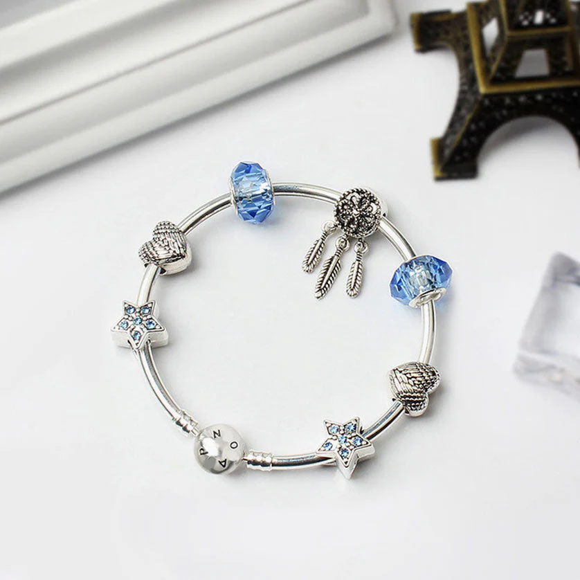 Boho Style Silver Plated Rhinestone Charm Bangle Bracelet - Silver - Image 2