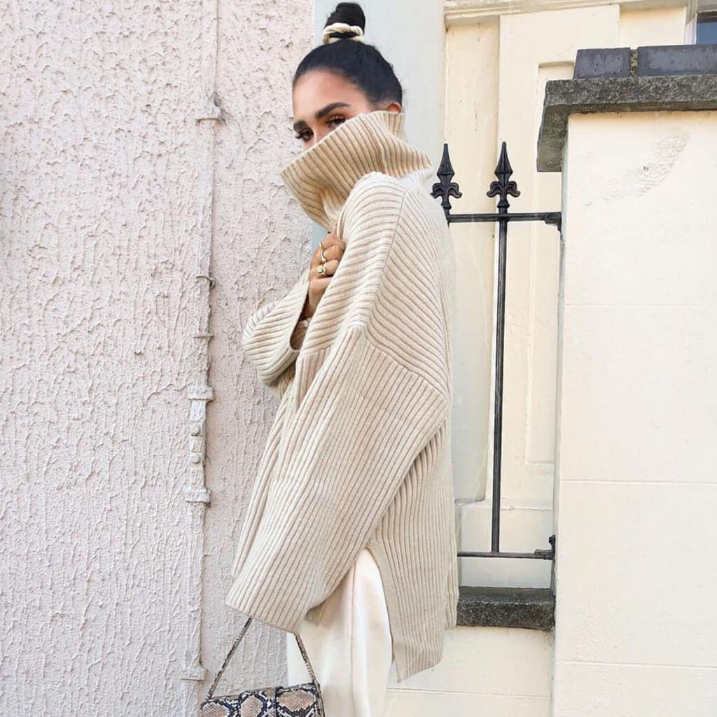 Simple Oversized Rib Split Hem Turtleneck Pullover Sweater - Khaki - Image 3