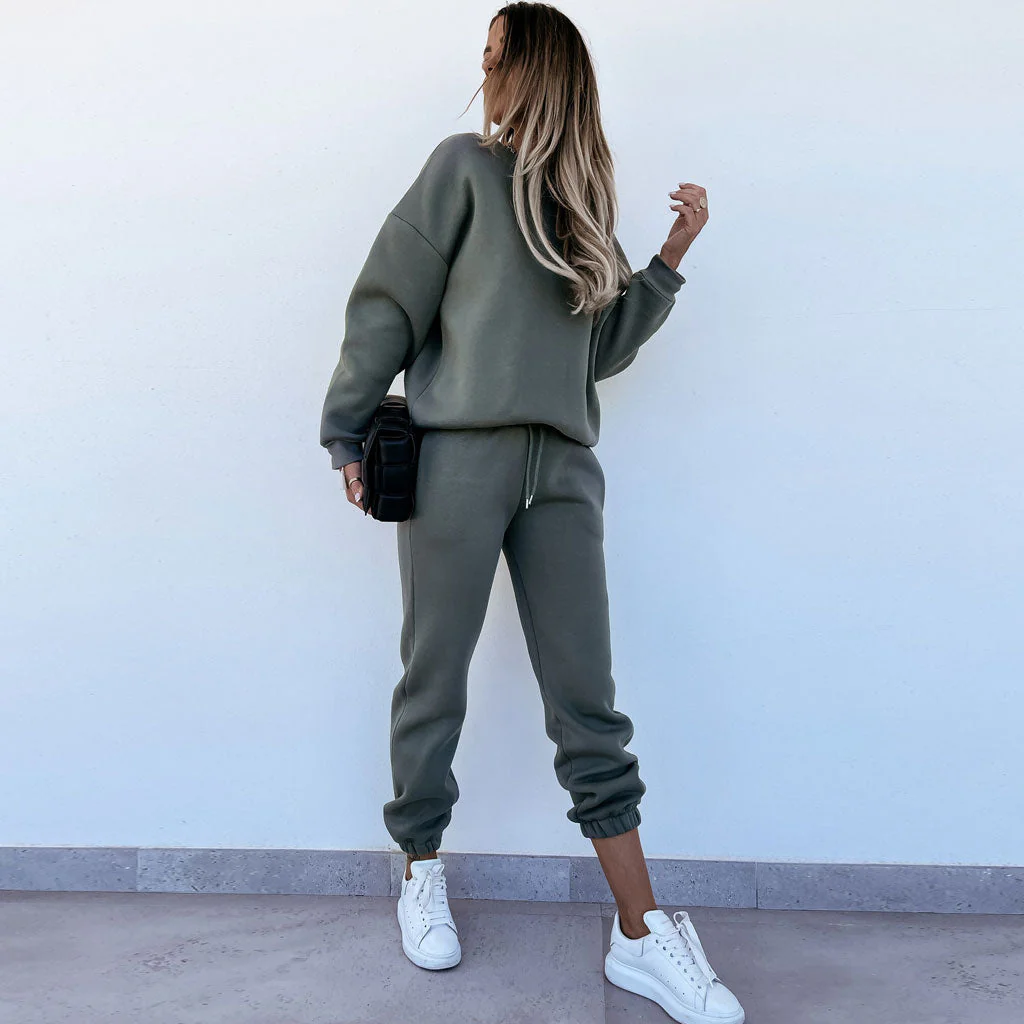 Round Neck Long Sleeve Sweatsuit Matching Set - Army Green - Image 2