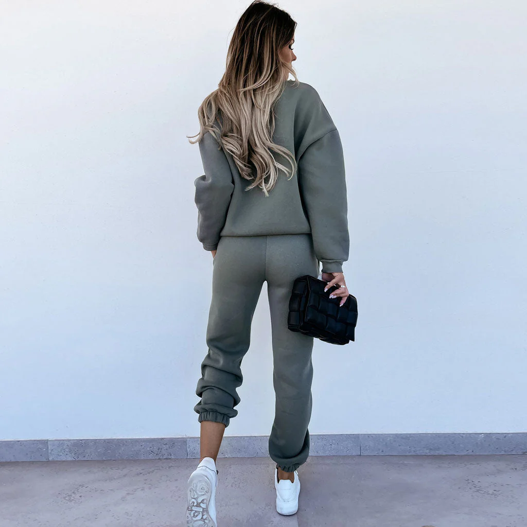 Round Neck Long Sleeve Sweatsuit Matching Set - Army Green - Image 3