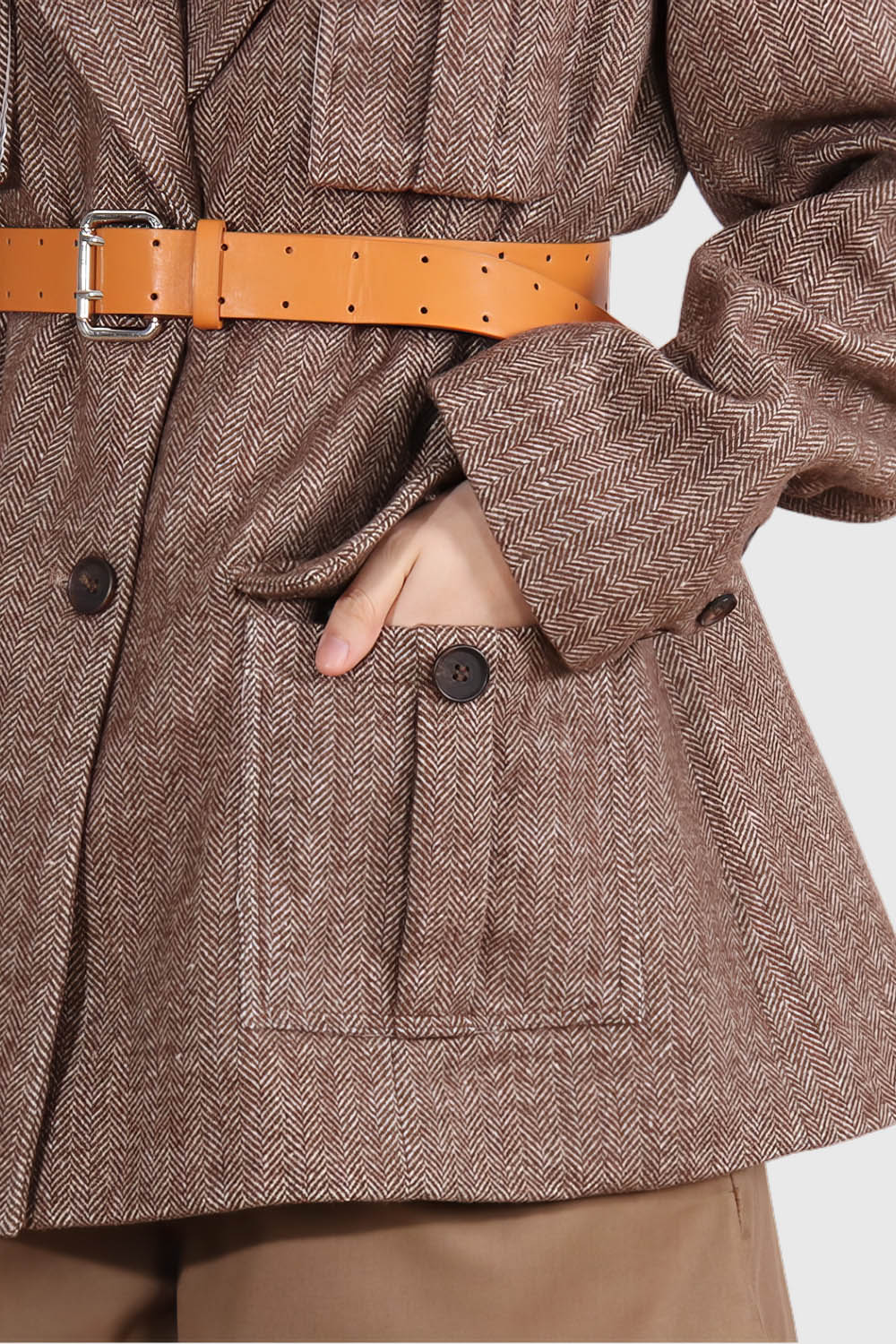 Single Breasted Blazer with Belt - Brown - Image 2