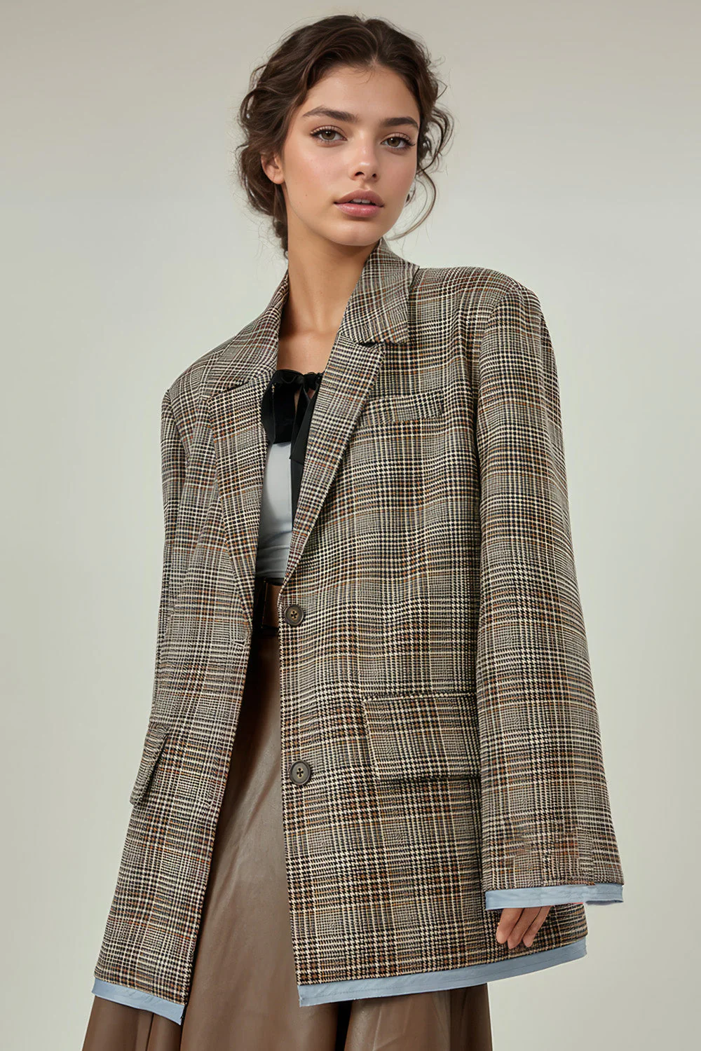 Single Breasted Plaid Blazer - Brown - Image 2