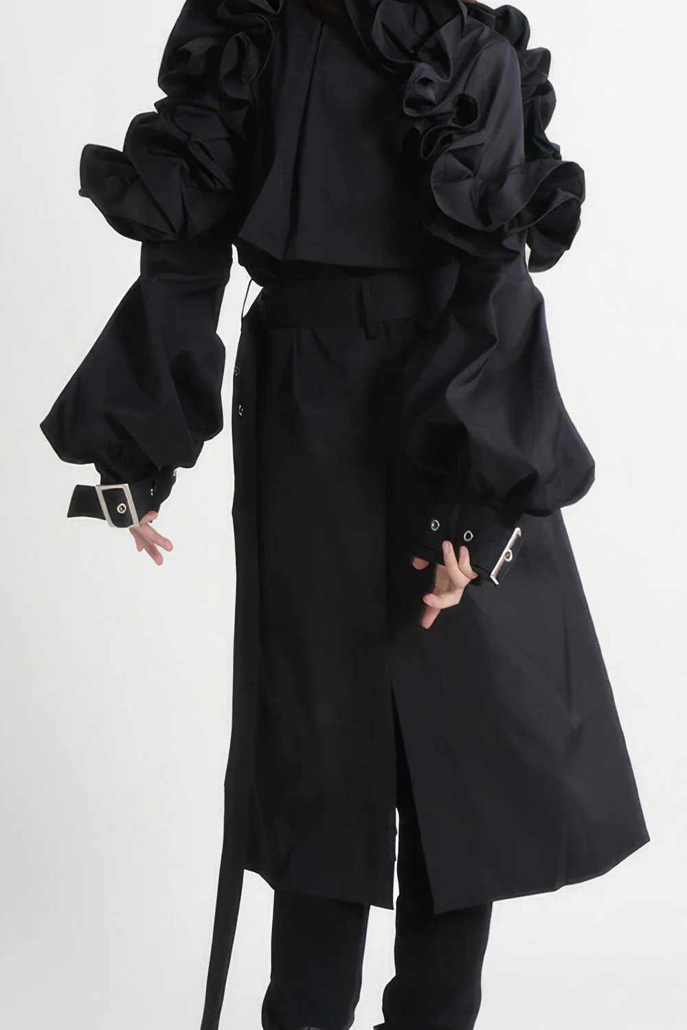 Single Breasted Trenchcoat with Sleeve Details - Black - Image 2