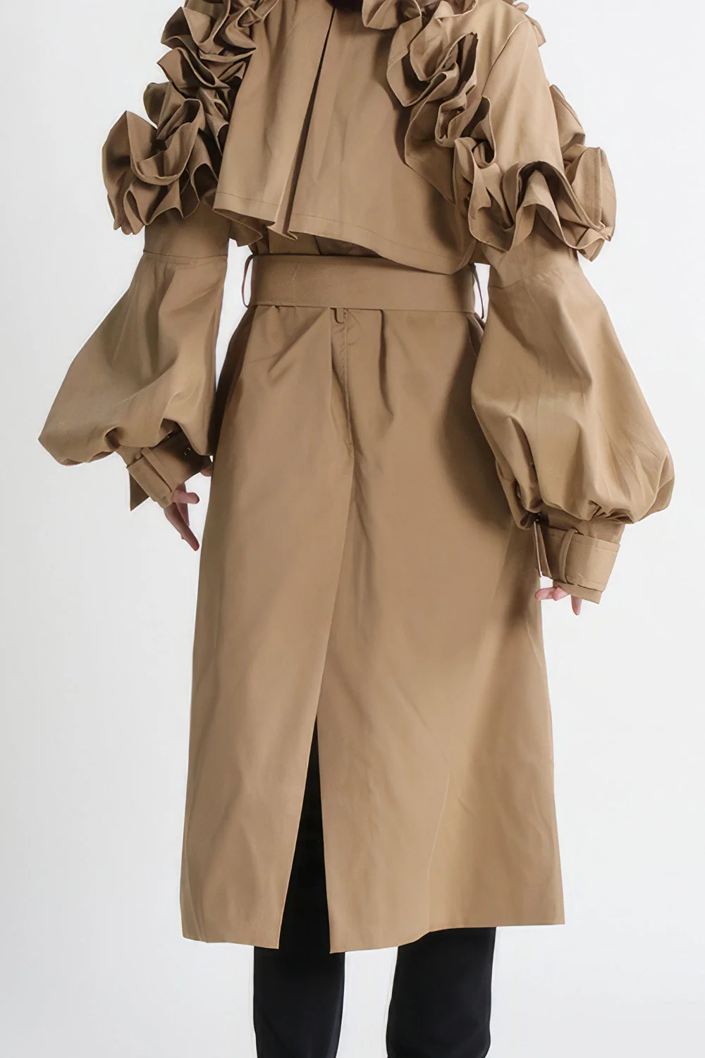 Single Breasted Trenchcoat with Sleeve Details - Brown - Image 3