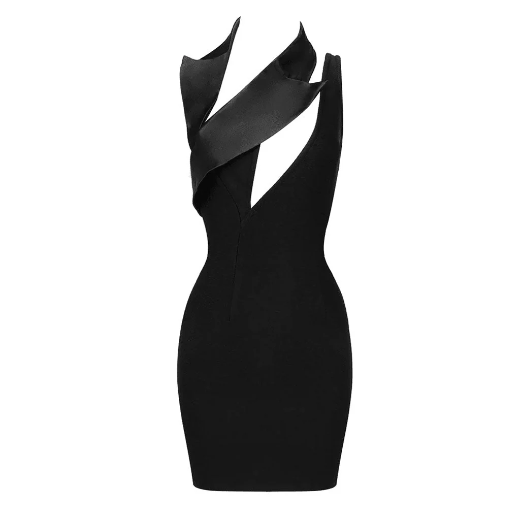 Singular Lapel Halter Neck Split CutOut Sleeveless Bodycon Mini Bandage Dress - Image 4