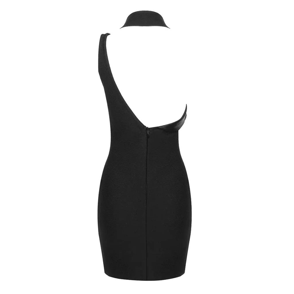 Singular Lapel Halter Neck Split CutOut Sleeveless Bodycon Mini Bandage Dress - Image 5