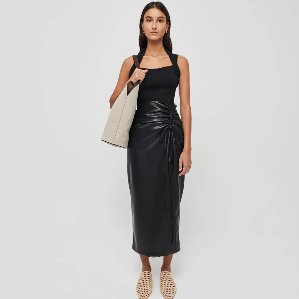 Sleek Drawstring Ruched High Waist Front Slit Vegan Leather Midi Skirt - Black - Image 2
