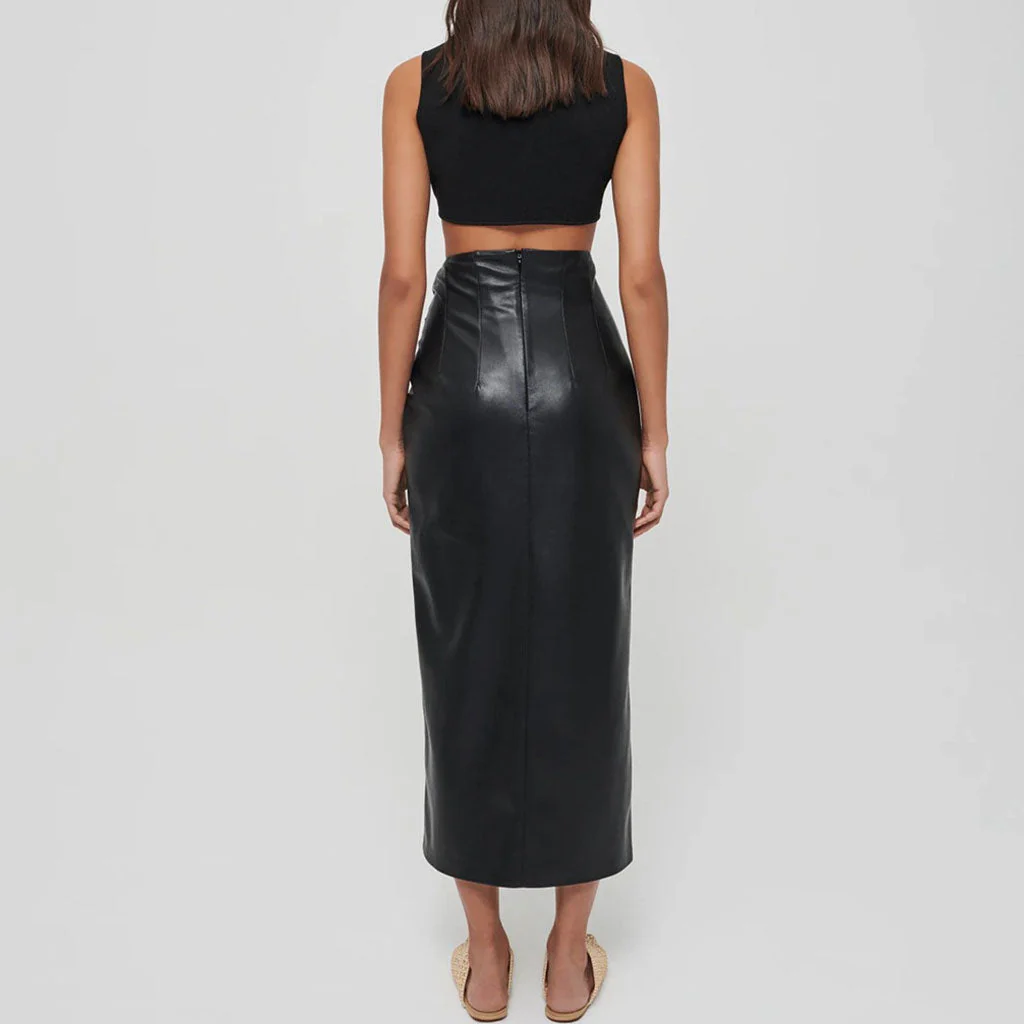 Sleek Drawstring Ruched High Waist Front Slit Vegan Leather Midi Skirt - Black - Image 3