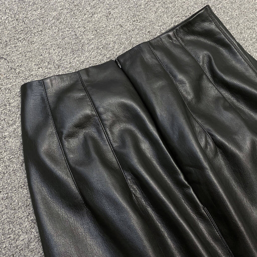 Sleek Drawstring Ruched High Waist Front Slit Vegan Leather Midi Skirt - Black - Image 4