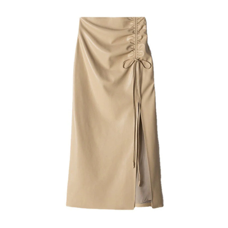 Sleek Drawstring Ruched High Waist Front Slit Vegan Leather Midi Skirt - Khaki - Image 3