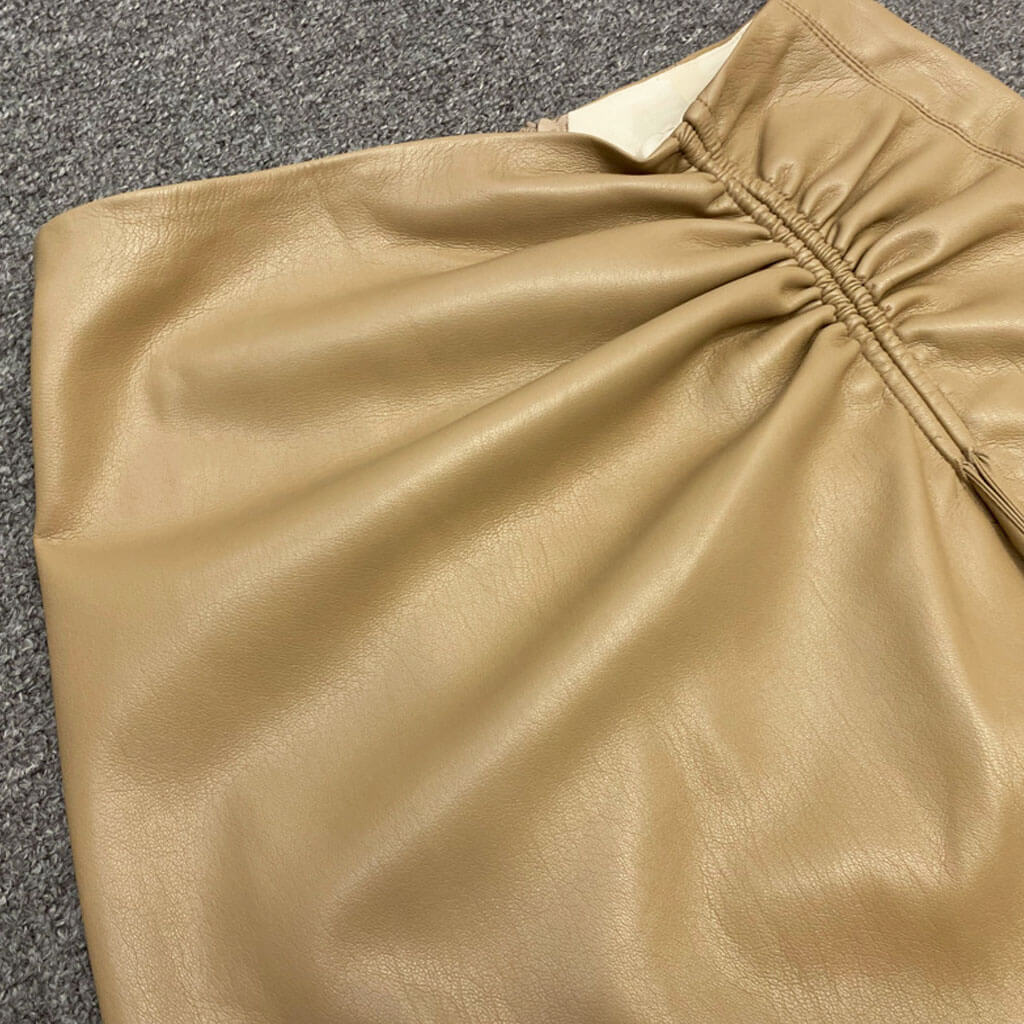 Sleek Drawstring Ruched High Waist Front Slit Vegan Leather Midi Skirt - Khaki - Image 4