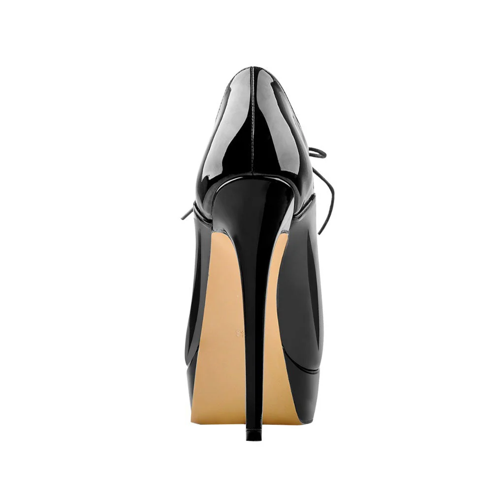 Sleek Patent Leather Platform Lace Up Oxford Stiletto Heels - Black - Image 3