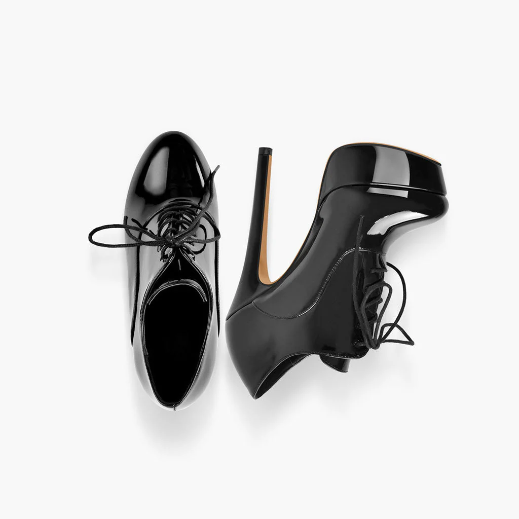 Sleek Patent Leather Platform Lace Up Oxford Stiletto Heels - Black - Image 4