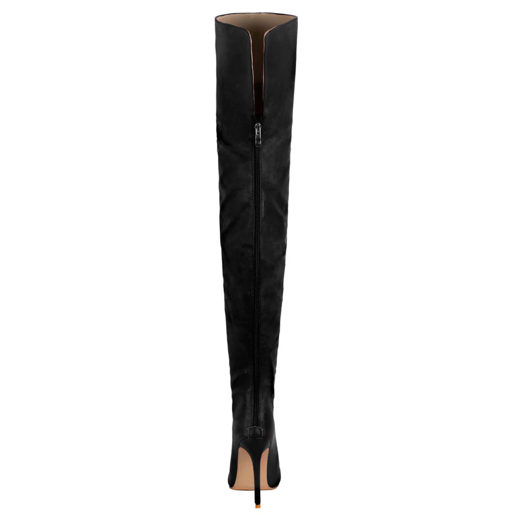 Sleek Pointed Toe Faux Leather Over Knee Stiletto Boots - Black - Image 2