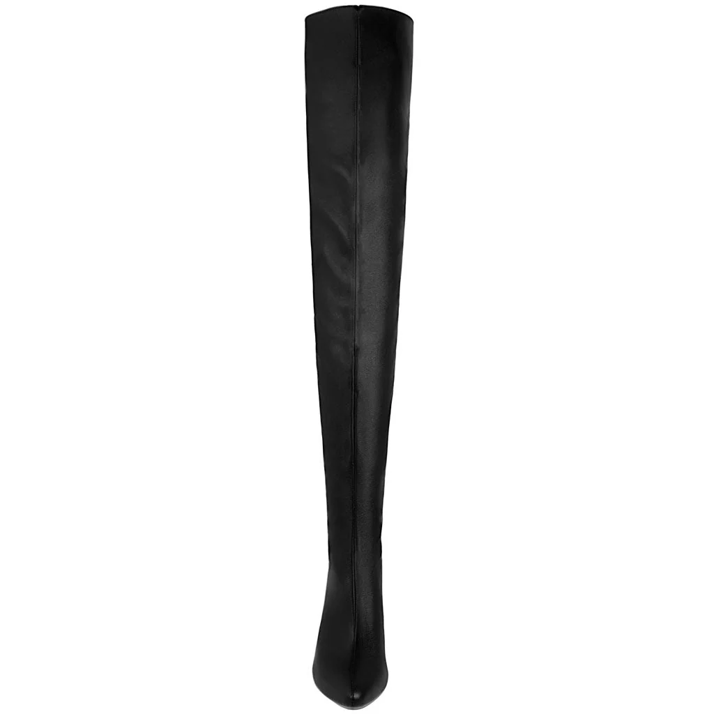 Sleek Pointed Toe Faux Leather Over Knee Stiletto Boots - Black - Image 3