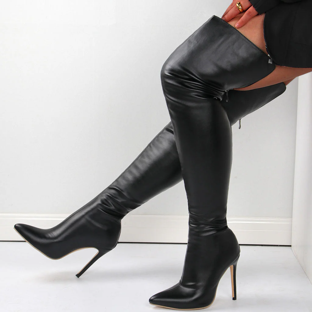 Sleek Pointed Toe Faux Leather Over Knee Stiletto Boots - Black - Image 4