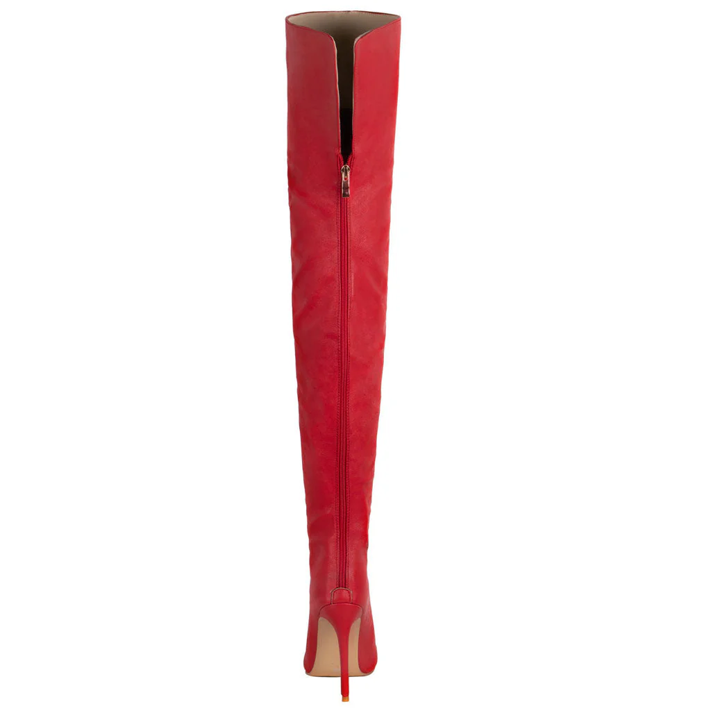 Sleek Pointed Toe Faux Leather Over Knee Stiletto Boots - Red - Image 2