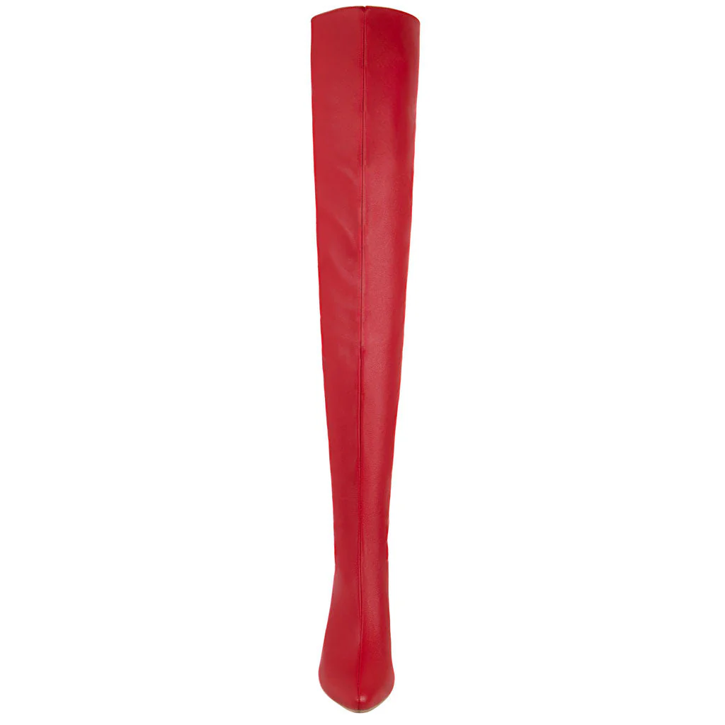 Sleek Pointed Toe Faux Leather Over Knee Stiletto Boots - Red - Image 3