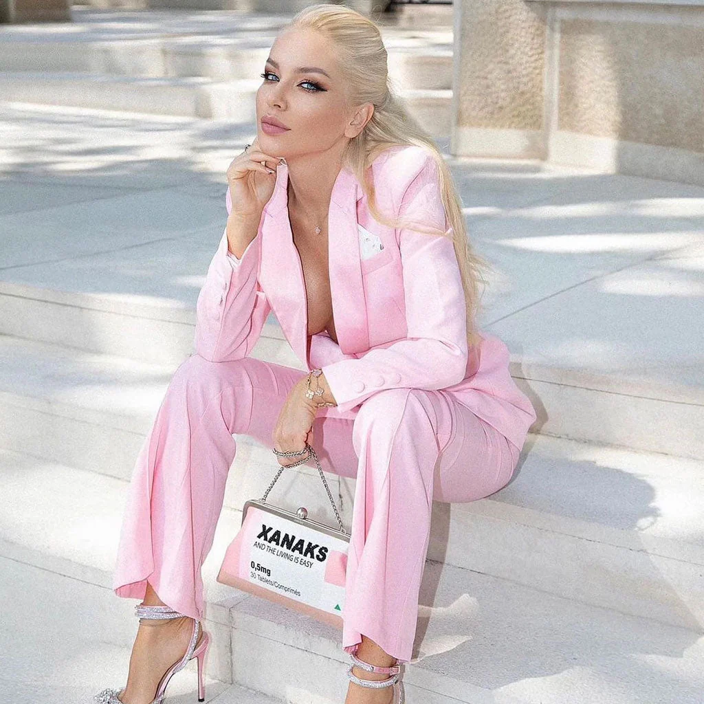 Sleek Satin Panel Double Breasted Blazer Flare Pant Matching Set - Pink - Image 3