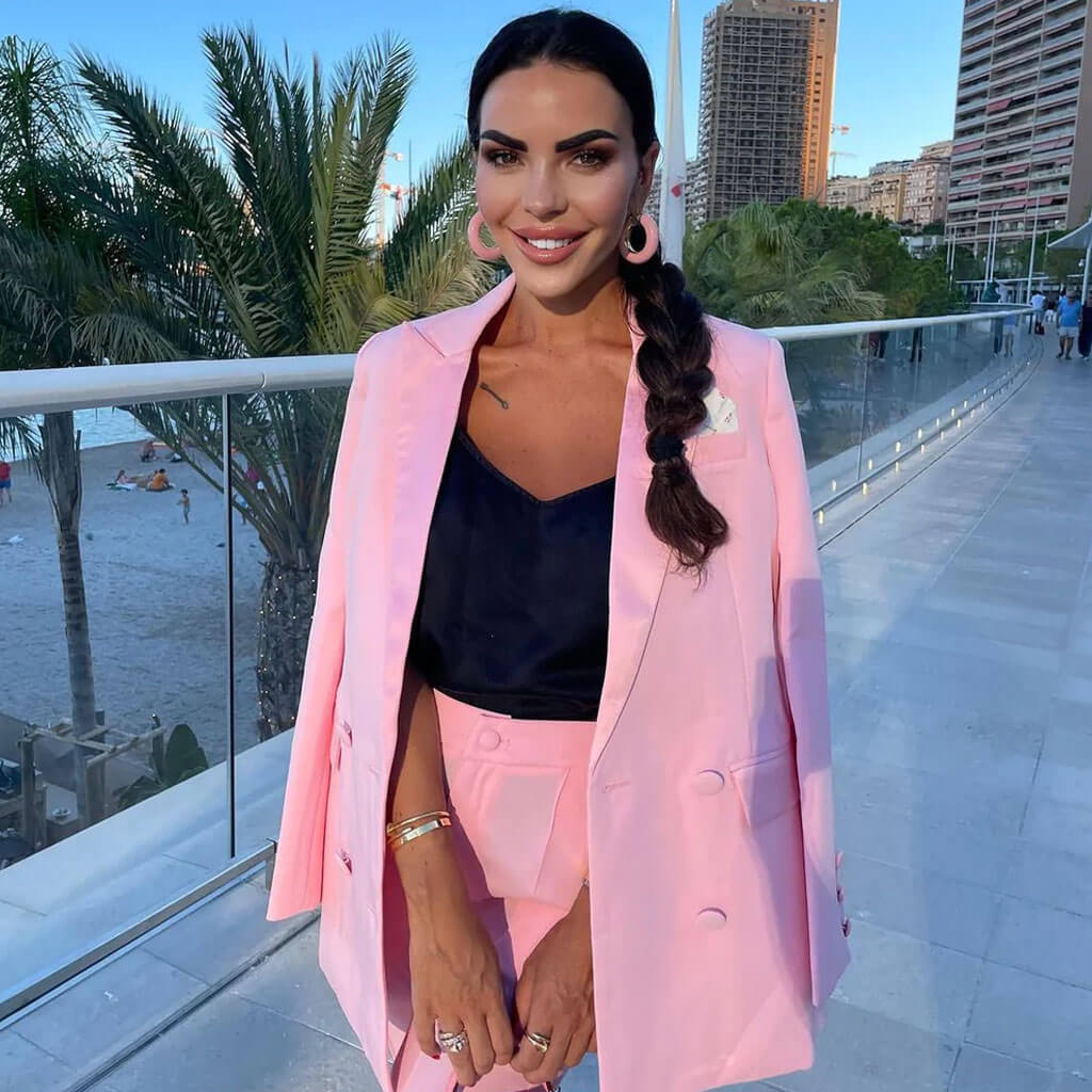 Sleek Satin Panel Double Breasted Blazer Flare Pant Matching Set - Pink - Image 4