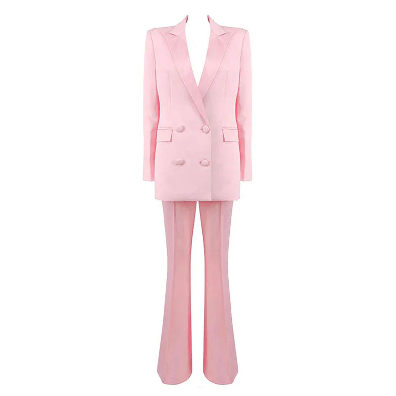 Sleek Satin Panel Double Breasted Blazer Flare Pant Matching Set - Pink - Image 5