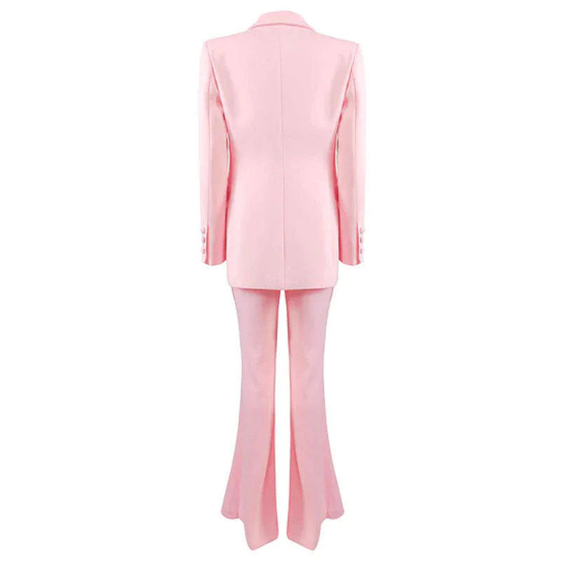 Sleek Satin Panel Double Breasted Blazer Flare Pant Matching Set - Pink - Image 6