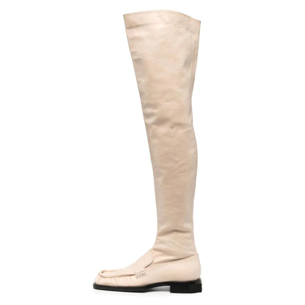 Sleek Square Toe Over Knee Chunky Low Heeled Boots - Beige - Image 2