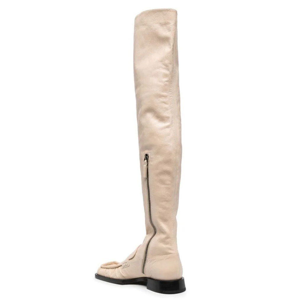 Sleek Square Toe Over Knee Chunky Low Heeled Boots - Beige - Image 3