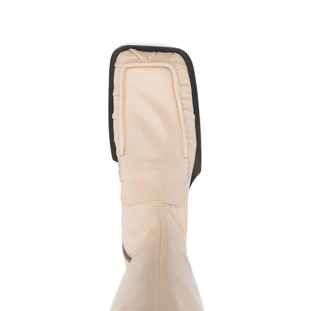 Sleek Square Toe Over Knee Chunky Low Heeled Boots - Beige - Image 4