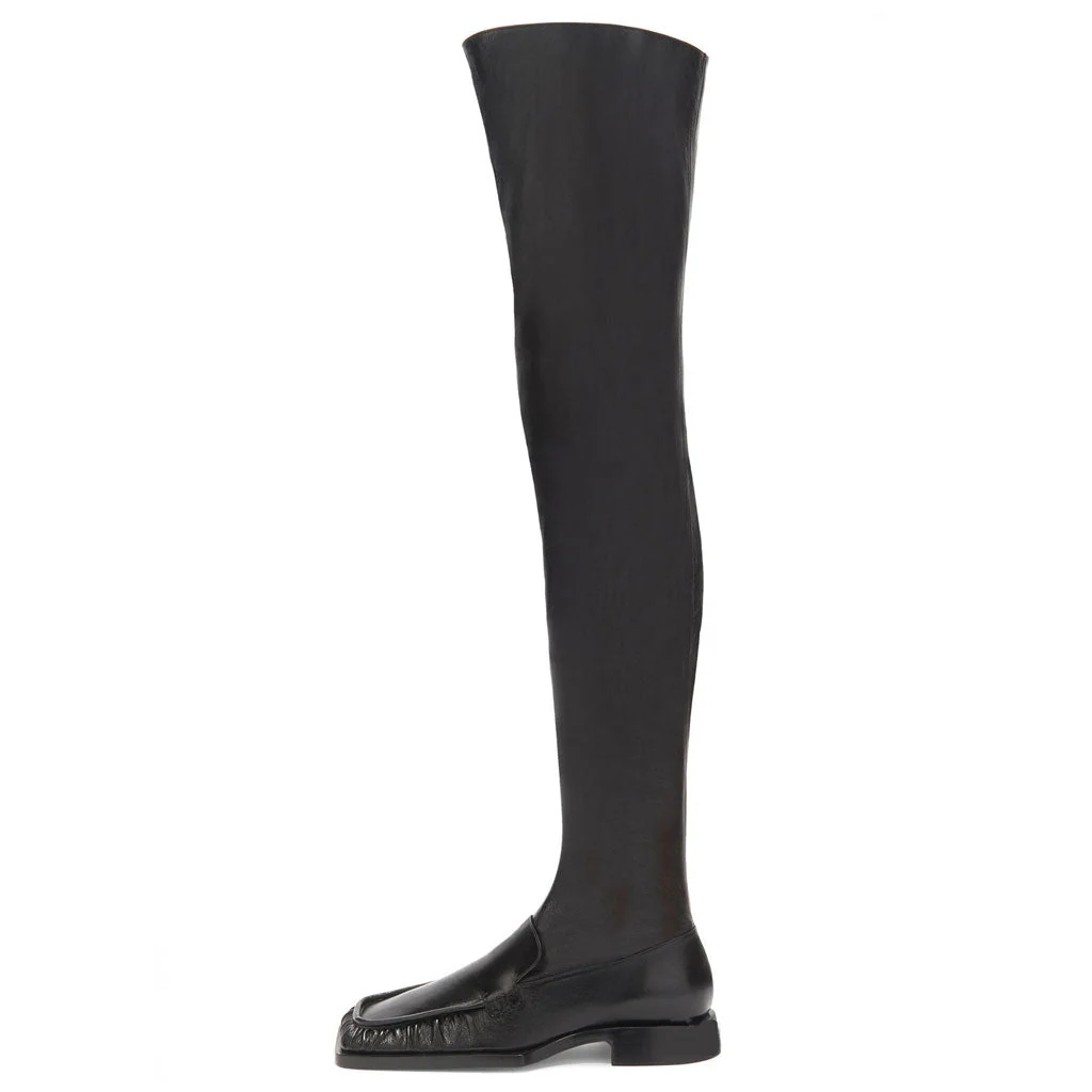 Sleek Square Toe Over Knee Chunky Low Heeled Boots - Black - Image 2