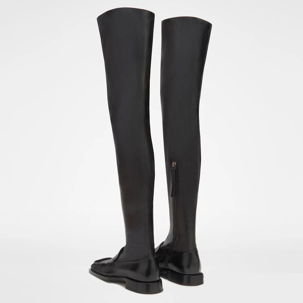 Sleek Square Toe Over Knee Chunky Low Heeled Boots - Black - Image 3