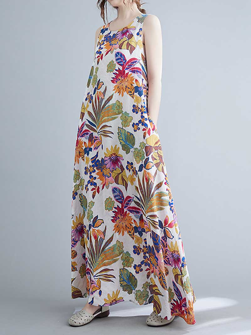 Sleeveless Cotton Floral A-Line Dress - Image 11