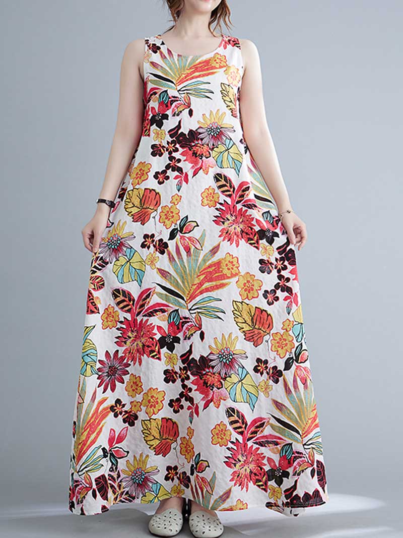 Sleeveless Cotton Floral A-Line Dress - Image 2